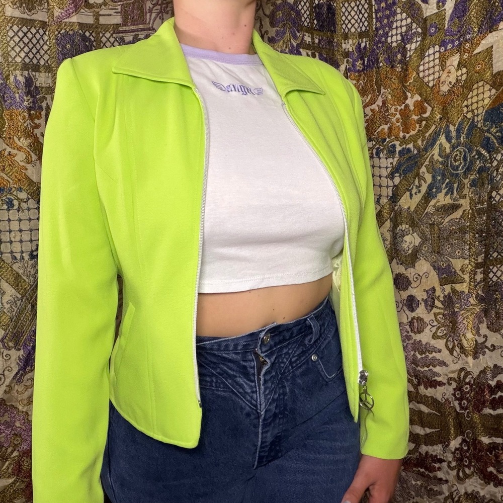 VTG 90s Preppy Clueless Lime Green Fitted Zip Up Blazer Old Money Size S